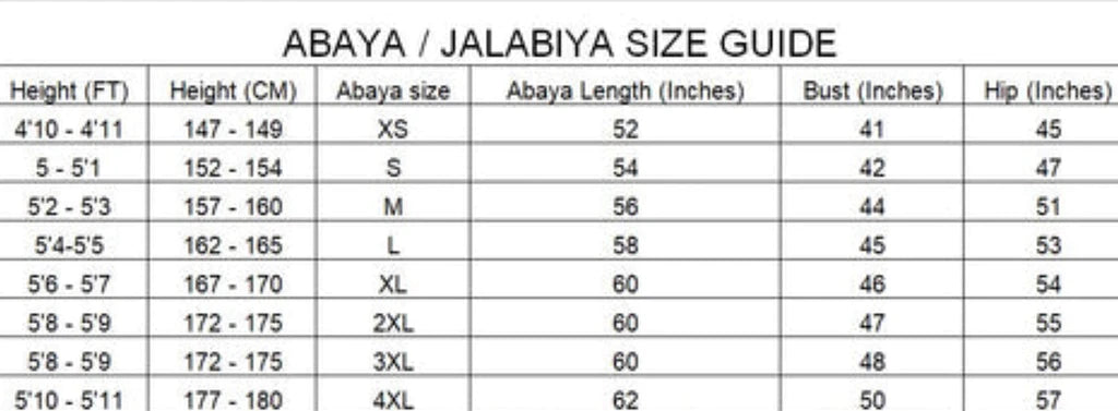 abaya size chart 3