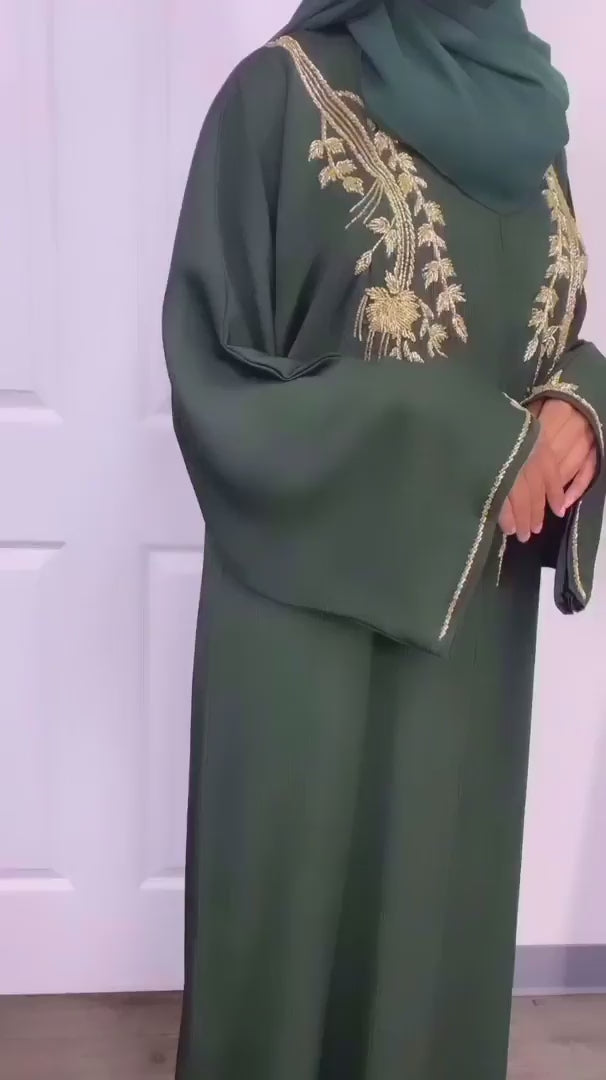 Hunter green with gold beading, zoom material Abaya Video By Qalanjos Fashions